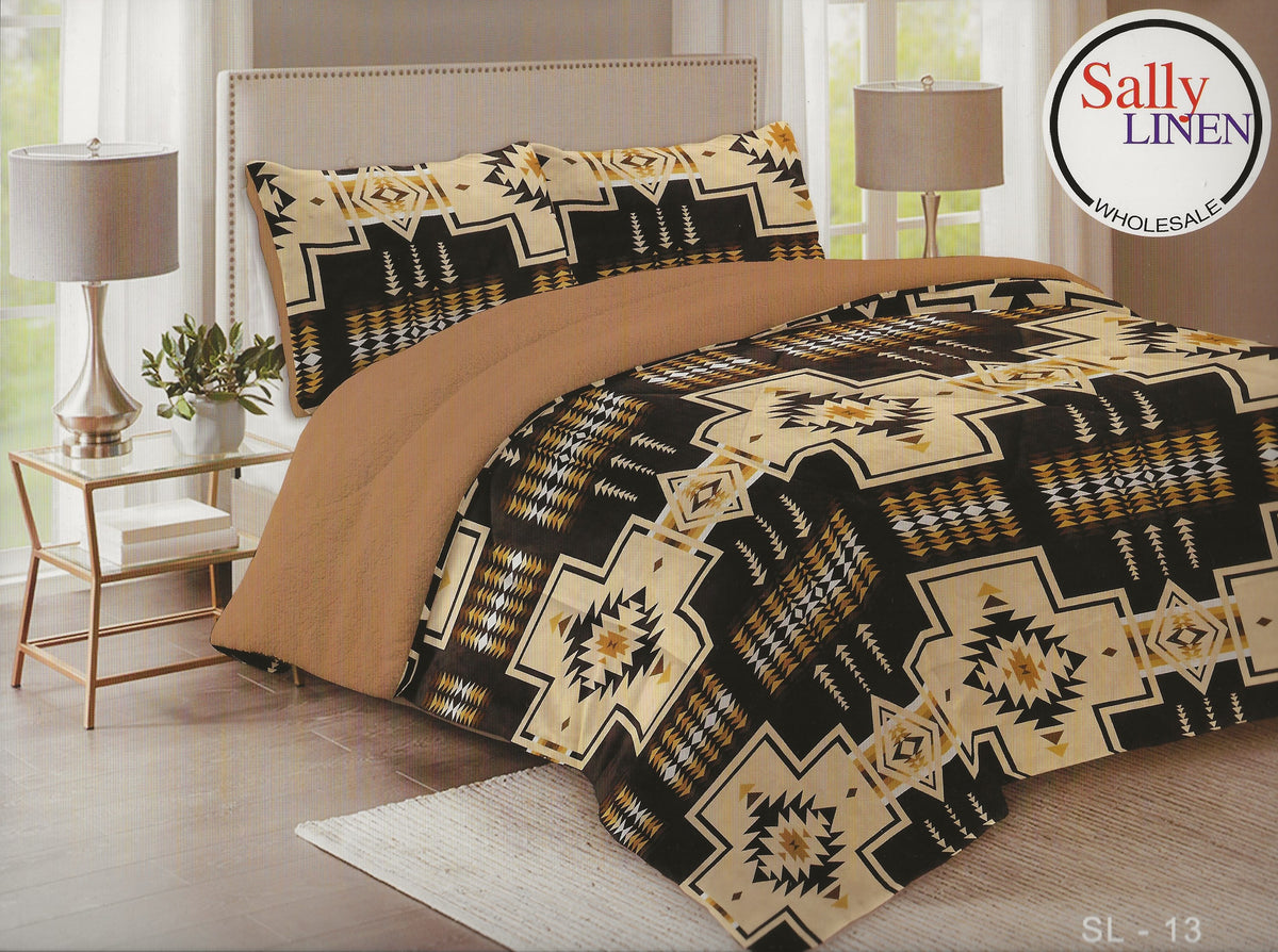 Tan & Black Southwest Aztec Borrego Blanket Set Sally Linen