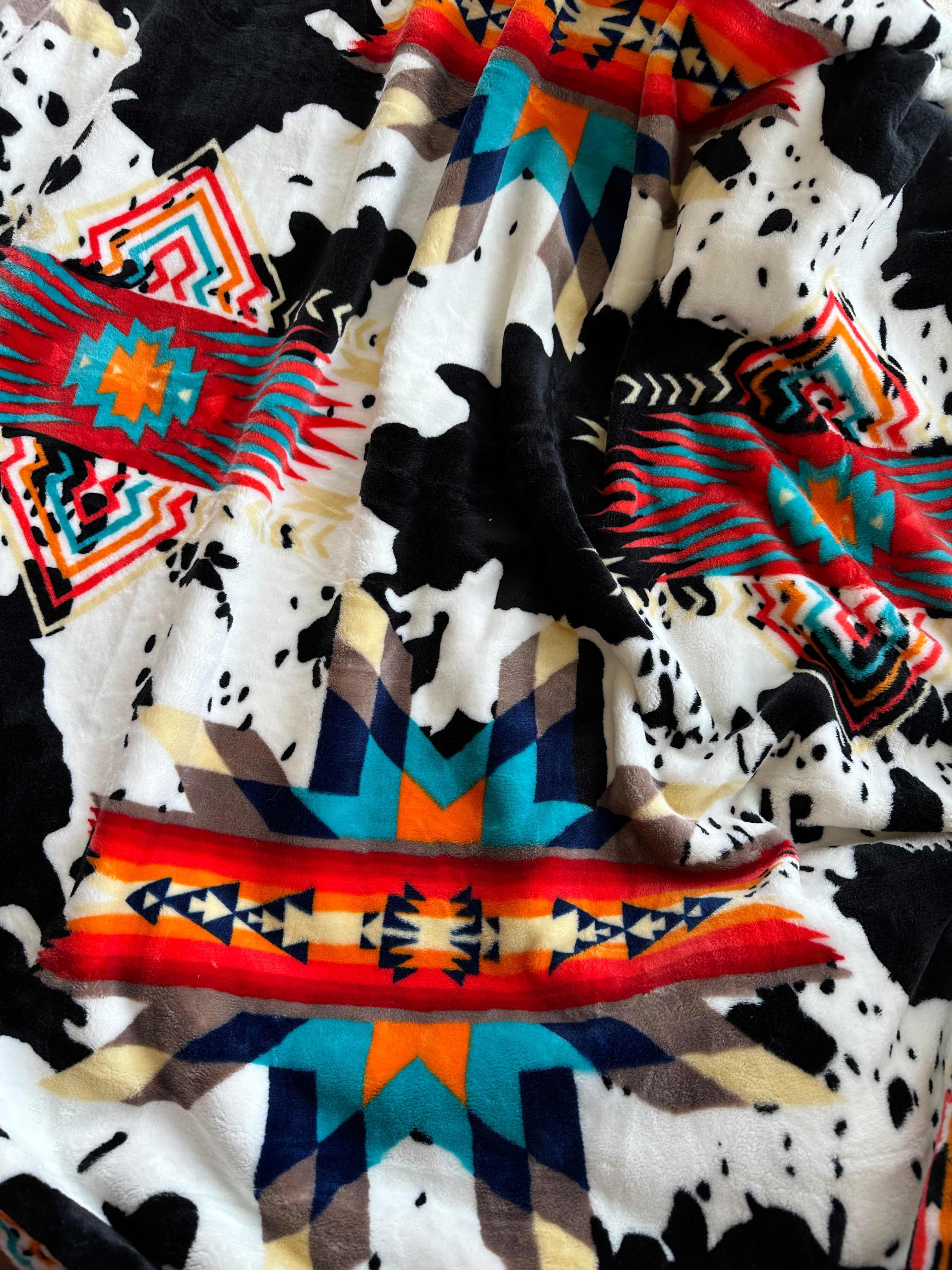 Southwest Aztec Cow Print Flannel Blanket