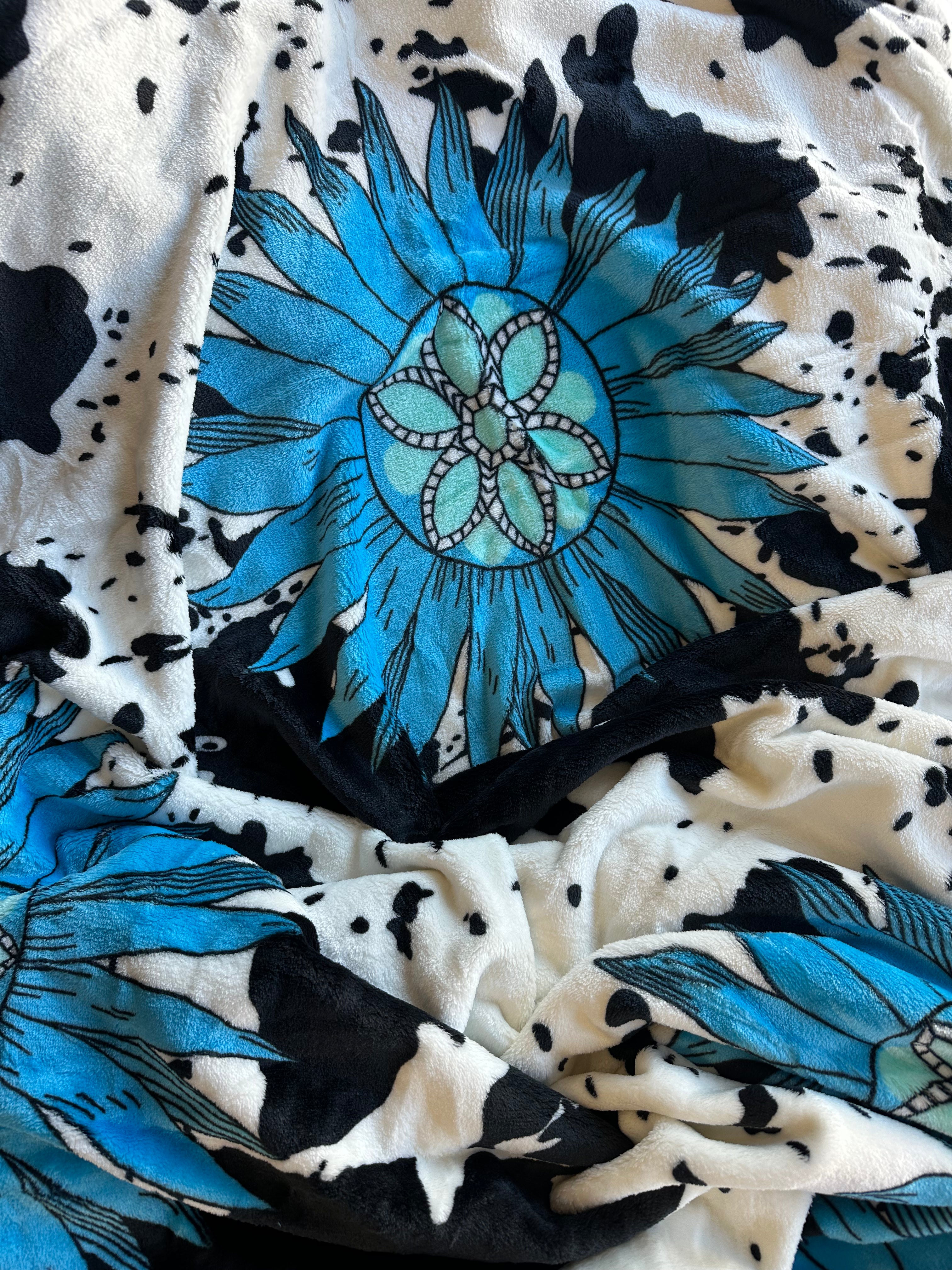 Cow Print Blue Flower Flannel Blanket