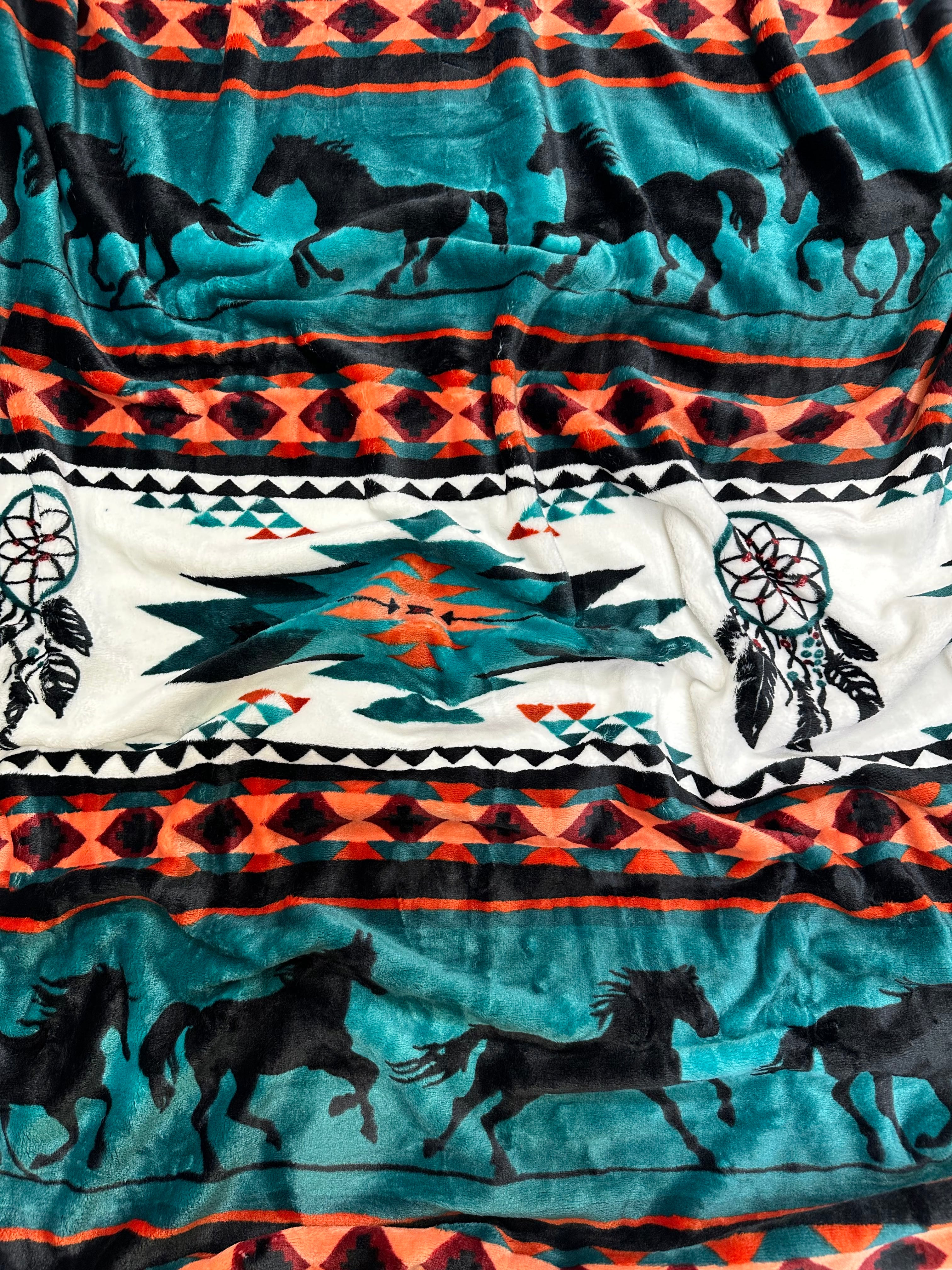 Green Running Horses Flannel Blanket