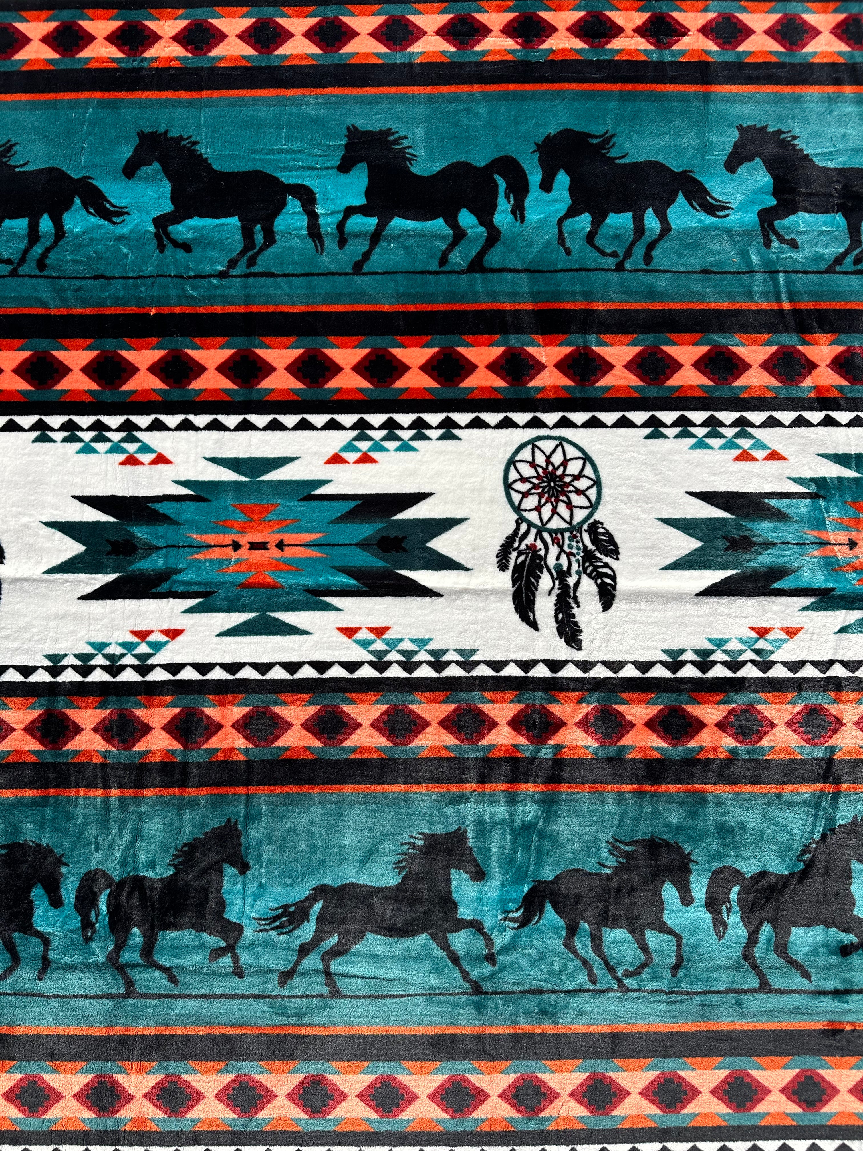 Green Southwest Aztec Running Horse Flannel Blanket