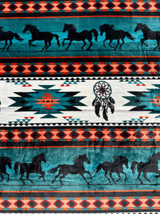 Green Southwest Aztec Running Horse Flannel Blanket